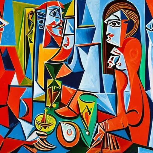 Prompt: Create Picasso style art of Rotterdam where a boy and girl drink wine