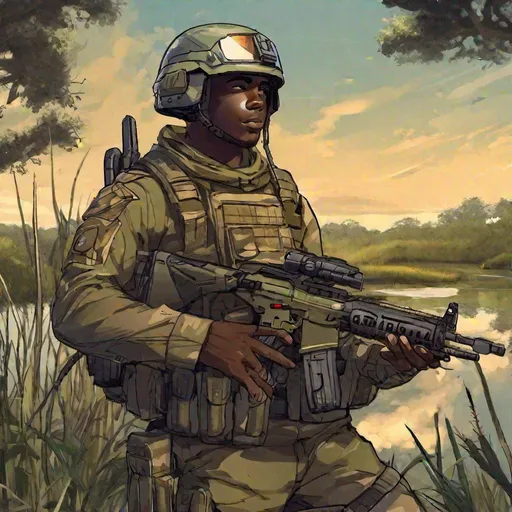 Prompt: afro-american male soldier. He wears a full helmet. He helds a rifle. In background a swamp. Scifi soldiers. Technofantasy. RPG art. Fading suns art. Scifi art. american soldier. Belgian WWI helmet. anime art. studio trigger art. 2d. 2d art.