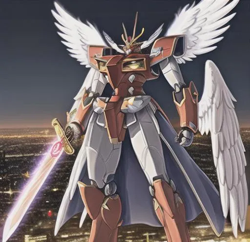 Prompt: Giant Mecha, sword in hand, standing over city background,glowing eyes, White feather wings, ultra-fine details,   
