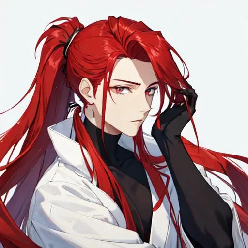 Prompt: Zerif 1male (Red side-swept hair covering his right eye) pulling his hair back into a ponytail, side profile