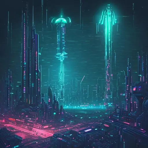 Prompt: An enormous space ship hovers over a neon city scape on a dark and rainy night.