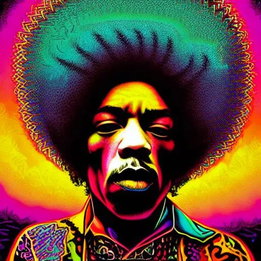 Prompt: Hypnotic illustration of Jimi Hendrix, hypnotic psychedelic art by Dan Mumford, pop surrealism, dark glow neon paint, mystical, Behance