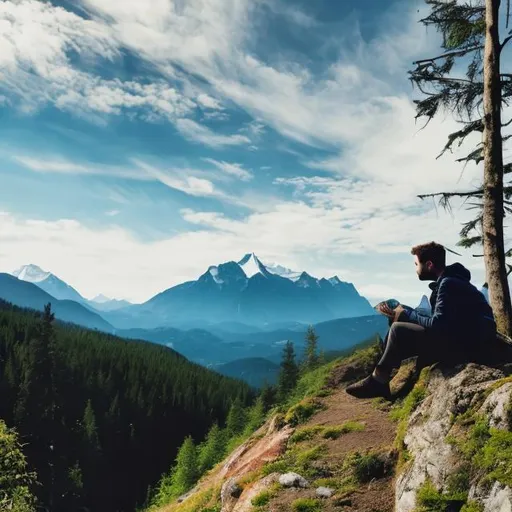 Prompt: a guy chilling out in nature looking off into the distant mountains