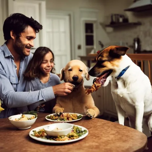 Prompt: A dog eating with his family after a long day of work 