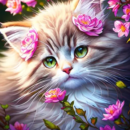 Prompt: analog style, strybk, close up cute and adorable forest Norwegian cat , filigree, long striped tail, reflective eyes, blushing, flowers, rim lighting, lights, extremely fluffy, detailed eyes. magic, surreal, fantasy, digital art, Alise in Wondeland style, by ross tran, wlop, artgerm and james jean, Brian Froud, Mary Blair, Arthur Rackham, Kamome Shirahama, Neimy Kanani intricate artwork masterpiece, golden ratio, intricate, trending on artstation, highly detailed, ultra high quality model, kids story book style, muted colors, watercolor style