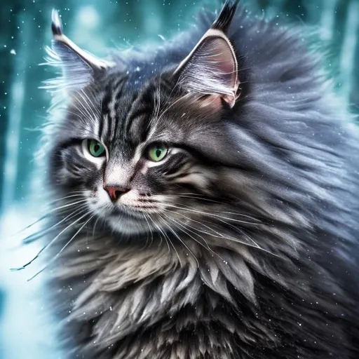 Prompt: highly detailed norwegian forest cat, highly detailed eyes, highly detailed cat fur, high resolution scan, 64k, UHD, HDR, hyper realistic, canon EOS R5, canon EF 300mm f/5.0 ii, unreal engine, neon lighting, forest context, 3D illustration, crystal clear eyes, moon background, close up shot.