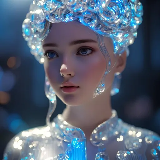 Prompt: glass statue of a girl, transparent girl, blue and white light shining through, glass, transparent, hyper realistic details, cinematic lighting, 3d, 8k