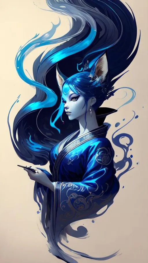 Prompt: intricate calligraphy smoke ink, yokai, fox portrait, kitsune, flowing robes, dripping midnight gradient blue and  silver metallic paint, water,  stylized fantasy art by WLOP, artgerm, peter mohrbacher,  ilya kuvshinov, peter mohrbacher and mamoru oshii,  trending on artstation