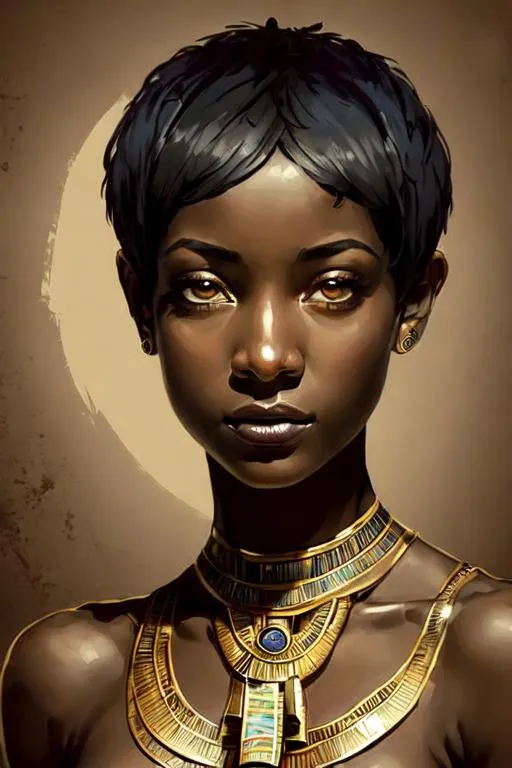 Prompt: a woman, depicted as a young woman with ebony skin, pixie cut, adorned in modest traditional Egyptian attire. She exudes strength and determination, her eyes reflecting a sense of resilience. she holds a symbol of power, such as an ankh in one hand, around the her are ethereal figures of Egyptian gods and goddesses, The gods stand as guardians and guides, each radiating their unique aura and holding their sacred symbols, The figures of Anubis, Bastet, and Horus, among others, lend a touch of mysticism to the composition,

A subtle golden border frames the artwork, The background showcases the sprawling golden sands of the desert, stretching far into the distance under a radiant sun setting over the horizon. The warm hues of orange and amber bathe the scene in an enchanting glow, evoking a sense of timeless magic.

In the foreground, towering pyramids rise majestically, their triangular silhouettes reaching towards the heavens. Each pyramid bears intricate hieroglyphics, telling stories of ancient pharaohs and gods. The pyramids cast elongated shadows that add depth and mystery to the composition.


the essence of ancient Egypt, combining elements of mythology, adventure, and the power of destiny. 





,Dreamy ambiance, epic proportion, epic composition, 2D illustration, 2D vector art, 2D digital painting, 2D flat color, 2D art, vibrant color, contrast, detailed brush stroke, detailed digital illustration, cinematic lighting, volumetric lighting, iridescent lighting reflection, reflection, beautiful shading, ray tracing, symmetrical, professional illustration, HD, UHD, 64K, 
Model: Anything V4