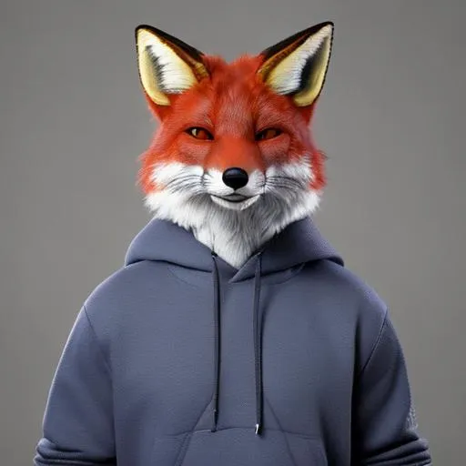Prompt: red anthropomorphic fox with a blue hoodie on