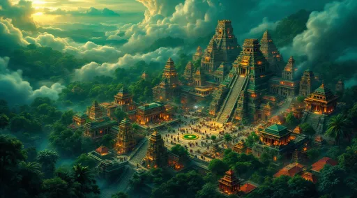 Prompt: bird's eye view of an ancient Aztec city, intricate temples and lively markets, vibrant color scheme, rich greens and deep earth tones, swirling clouds, dramatic ethereal lighting, enchanting atmosphere, bustling with activity, intricate architecture with decorative motifs, lush jungle surrounding the city, high quality, ultra-detailed, fantastical realism, cinematic depth, evokes a sense of wonder and adventure.