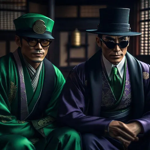 Prompt: Portrait of {Ninja the riddler and Oswald Cobblepot } in  {edo era Japan}, perfect composition, hyperrealistic, super detailed, 8k, high quality, trending art, trending on artstation, sharp focus, studio photo, intricate details, highly detailed,happy face, by greg rutkowski