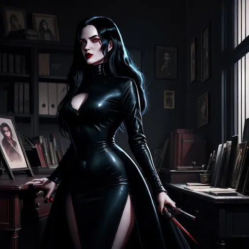 Prompt: "the femme fatale" (painting) by ((((style of Greg Rutkowski)))), digital painting, (gritty vintage noir),  vampire hunter woman with long black hair, blue eyes, and red lips, wearing a black (high neck minidress), set in a warmly lit private detective's office
