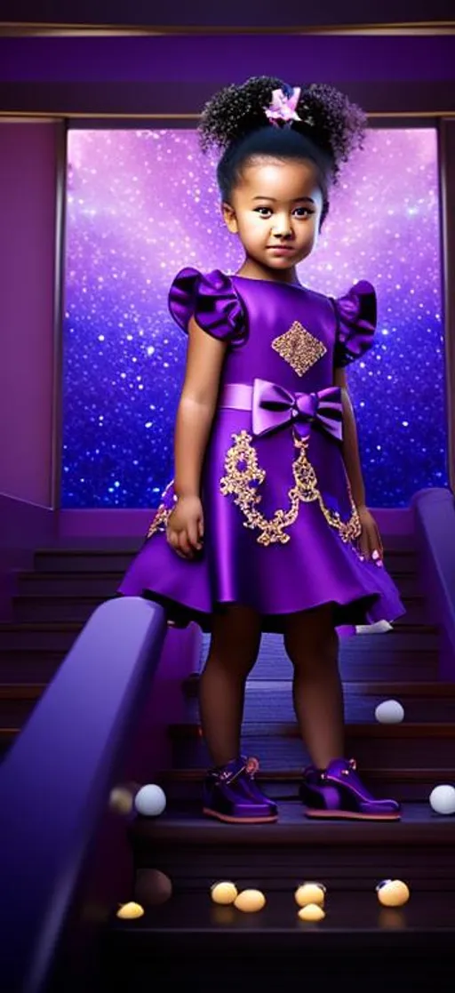 Prompt: Little blasian girl.  On staircase. Staircase. Posing.  Wearing purple dress. Purple dress. Dress. Curly hair. 