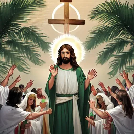 Prompt: people holding palm leaves to cheer Jesus with a halo