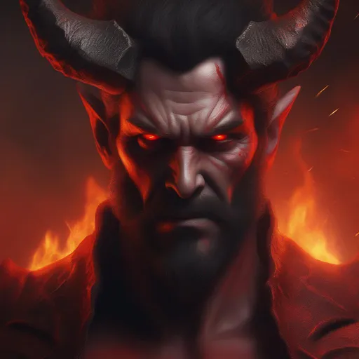 Prompt: mature male, facial hair, realistic, black hair, grey skin, red demon eyes, red horns, fire background, hell, warm colors, king, power, high definition, professional