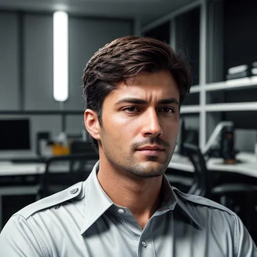 Prompt: An ultra realistic waist up portrait of tough looking software engineer coding man office uniform in the 2000, long shot super detailed lifelike illustration, action-adventure outfit soft focus, clean art, professional, old style photo, CGI winning award, UHD, HDR, 8K, RPG, UHD render, HDR render, 3D render cinema 4D