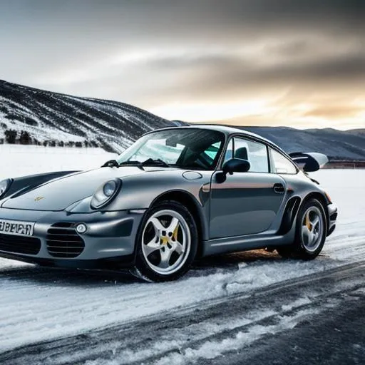 Prompt: porsche 959 in dark grey, rallying on ice, cinematic lighting, mist in background, with other cars