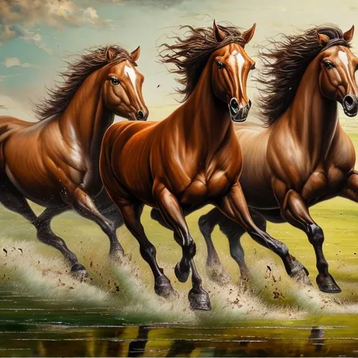 Prompt: canvas paintings of showing Seven brown and dark-colored forward running horses in lust green field  in impressive, positive, attractive, and, energetic stride