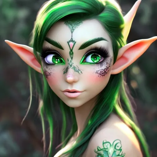 Prompt: Elf female green eyes green hair tattoos 