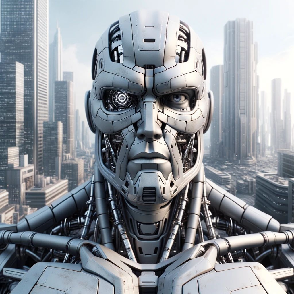 Prompt: Photo-realistic render of a giant robot with a silver exterior looking directly at the camera. The robot is set against a backdrop of a futuristic city. Its fragmented portraiture style suggests the robot might be comprised of different parts from various eras.