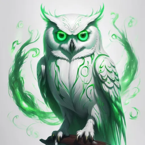 Prompt: transparent ghostly white owl, two green evil eyes, green ghostly swirls all around , masterpiece, Character Design art. Concept Art. Digital Art. 4k HD. Trending on artstation. 