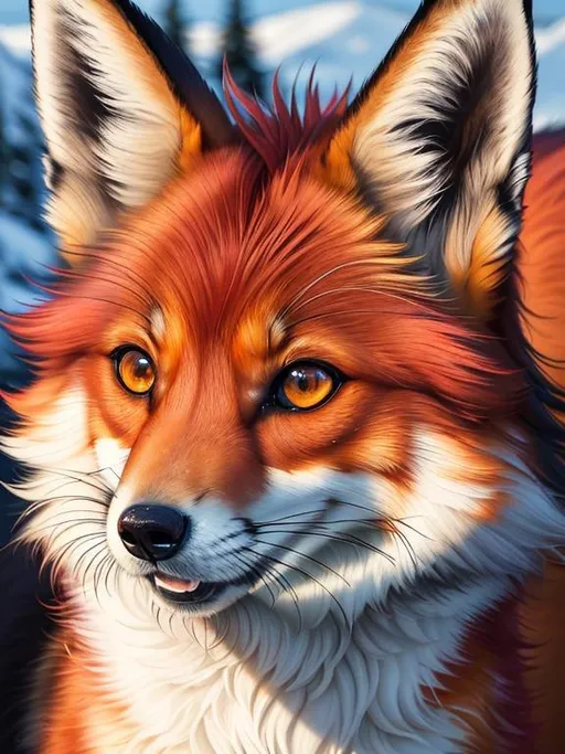 Prompt: (8k, masterpiece, oil painting, professional, UHD character, UHD background) Portrait of Vixey, Fox and Hound, close up, mid close up, brilliant glistening red fur, brilliant amber eyes, big sharp 8k eyes, sweetly peacefully smiling, detailed smiling face, (extremely beautiful), (open mouth, uv face, uwu face),  alert, curious, surprised, cute fangs, extremely detailed eyes and face, enchanted snowy garden, vibrant flowers, vivid colors, lively colors, vibrant, high saturation colors, flower wreath, detailed smiling face, highly detailed fur, highly detailed eyes, highly detailed defined face, highly detailed defined furry legs, highly detailed background, full body focus, UHD, HDR, highly detailed, golden ratio, perfect composition, symmetric, 64k, Kentaro Miura, Yuino Chiri, intricate detail, intricately detailed face, intricate facial detail, highly detailed fur, intricately detailed mouth