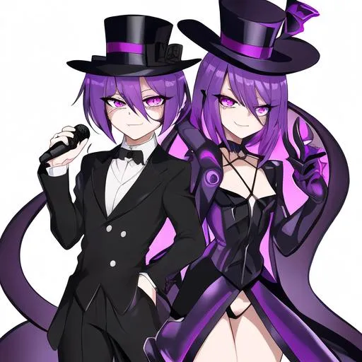 Prompt: 
Your OC is a small shadow hydra, with electric purple eyes. They identify as being genderless, and have a monotonous voice. As an accessory, they have a top hat, and they can be seen holding a microphone.