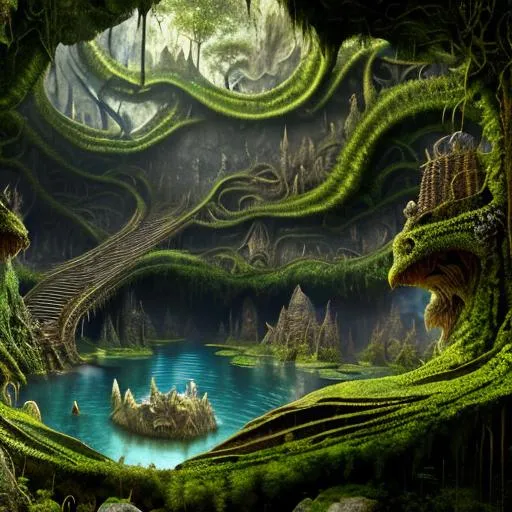 Prompt: Scenary of film Indiana Jones, hyperrealistic, photorealistic, ultra-detailed, intricate details, unreal engine, octane render, bioma of scarped mountain, cavern in the montain   and amazing forest,rocks and green fern, lake , 4k. A vine covered tutor in the style of alexander jansson and gediminas pranckevicius mystical, magical, bloosom, volumetric lighting.