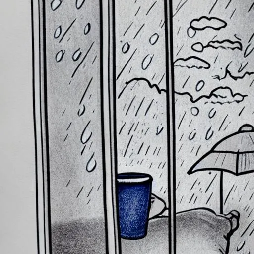 Prompt: A person watching rain outside through the window while holding a blue cup inside a black and white ballpoint drawing