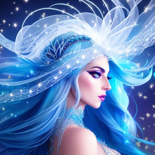 Prompt: 3/4 view of Lady Gaga, ((intricate long flowing white and blue
 hair)), (filigree hair decoration), sparkling veils, ethereal, luminous, fireflies, nighttime city background, neon light trails, glowing, dark contrast, celestial, trails of light, sparkles, 3D lighting, soft light, bokeh, vaporwave, fantasy