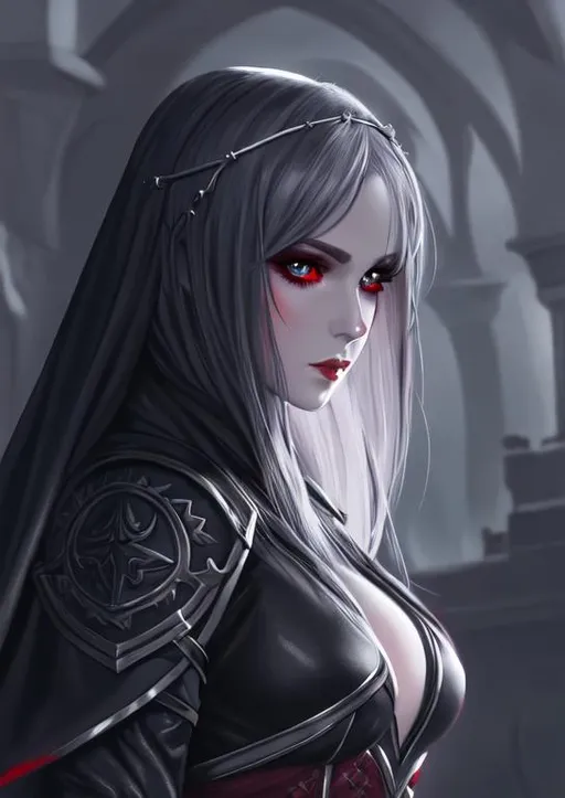 Prompt: A beautiful thief from the D&D Circle of Stars, perfec eyes, full body character portrait, dark fantasy, detailed realistic face, digital portrait, fiverr dnd character, beautiful female Drow, gray skin, blood red pupils, wearing leather armor.