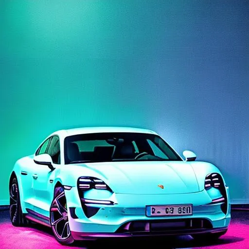 Prompt: Porsche taycan in very light blue, neon lighting in background, 