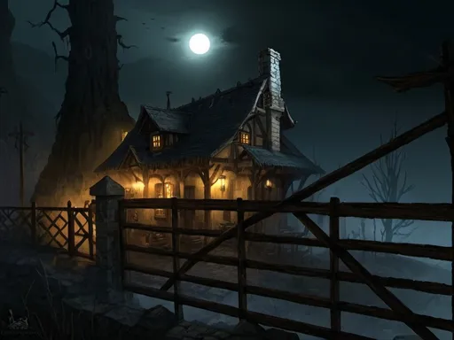 Prompt: Warhammer fantasy rpg style Inn, eerie atmosphere, night