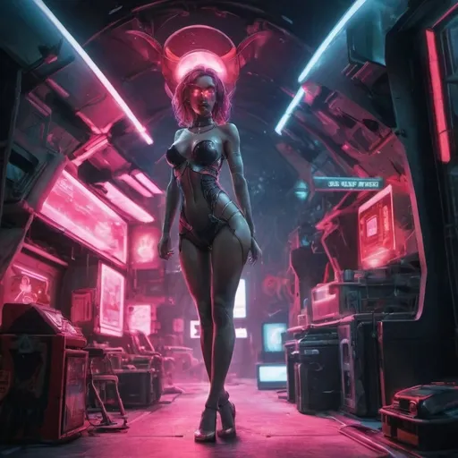 Prompt: a beautiful female demon in a dynamic pose in a retro futuristic synthwave cyberpunk neon paradise.  neon lighting, high quality, beautiful, synthwave, cyber, retro, futuristic