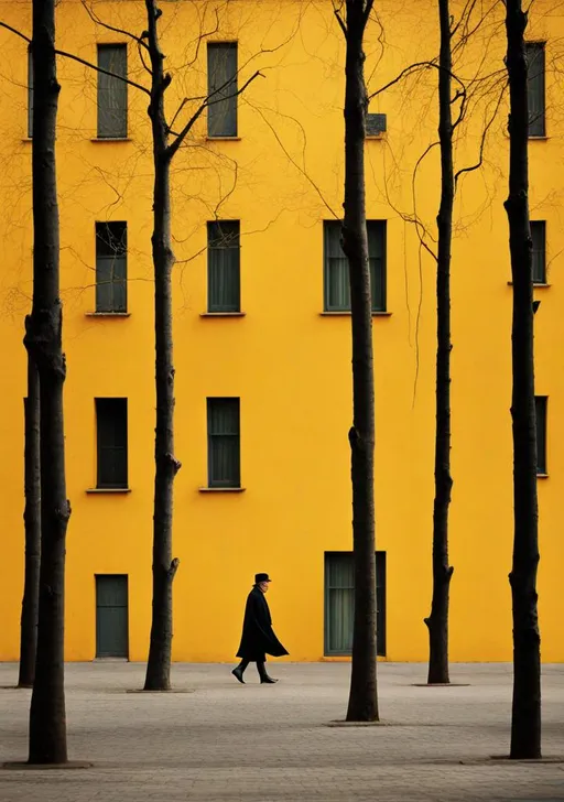 Prompt: national geographic photo of a person walking a long arboreal buildings alone bold contrast and textural play, minimalistic style, minimal figures 