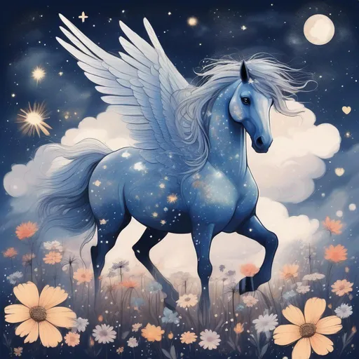 Prompt: A beautiful pegasus made of the night sky and stars, walking in a field of clouds and flowers in a painted style