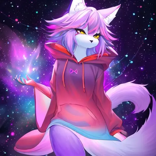 Prompt: A dreamlike state of color pastel high contrast of an anthro fursona adult female furry red fox wearing a purple cozy hoodie with constellations adorning the sleeves who's vertices are rainbow and shimmering in the light, main color red and blue, surface like an oil spill,  high detail, full animal, artstation, splash of color, dynamic lighting, cat nose, colorful