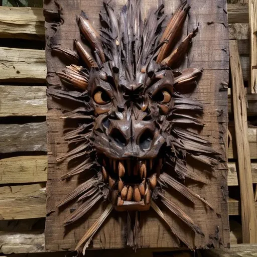 Prompt: Gnoll face on a banner made of wood infested with cordycep