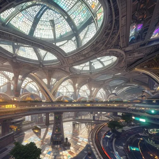 Prompt: futuristic busy enormous domed city, interior, tourist shopping neighborhood, multiple levels, transit arrivals, rainbow mosaic glass roof, art nouveau, realistic details, photorealistic, 8k render, cinematic lighting, ultra detailed