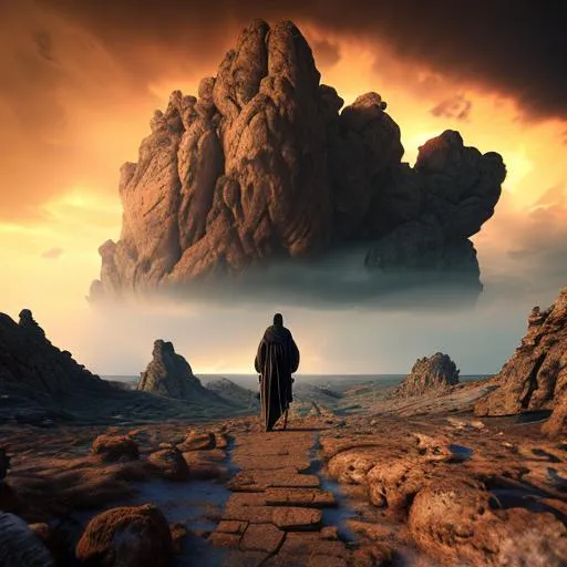 Prompt: ultra detailed Ancient rockey landscape, other worldly, subject:  man walking down a path, close to camera, looking at horizon in background, wearing dark robes, windy, ominous black tower ahead, rocky, there's a sunset on horizon but a bad storm cell rages ahead, octane render, unreal engine 5, blender render, 24mm lens, wide shot, light rays, bokeh, spotlights, cinematic lighting, 3d ray tracing, 