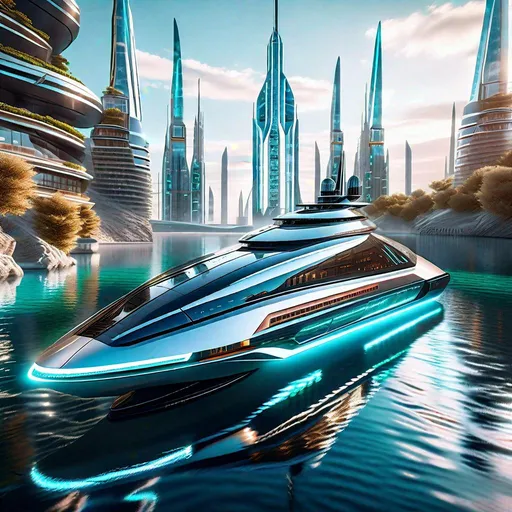 Prompt: "A hyper-detailed Sci-Fi style Yacht sails through the crystal clear waters of the River Styx, on both of the river banks there are placed ultra-detailed futuristic Sci-Fi style sky-scrappers and towers, highest quality of details and design, fit in frame, focus sharp, hyperrealistic, intricately detailed background, Unreal Engine 5, Octane 3D, Ultra HD 512K, CryEngine, digital art masterpiece, perfect image composition, clarity, harmony, hierarchy, rhythm, order, symmetry, proportions.