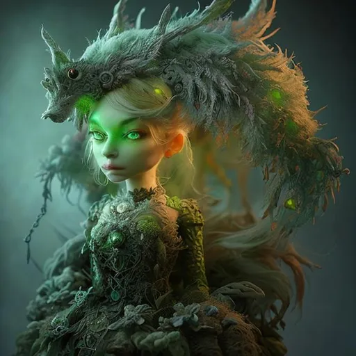 Prompt: needle-felted fantasy figures, green, intricate details, insane details, volumetric lighting