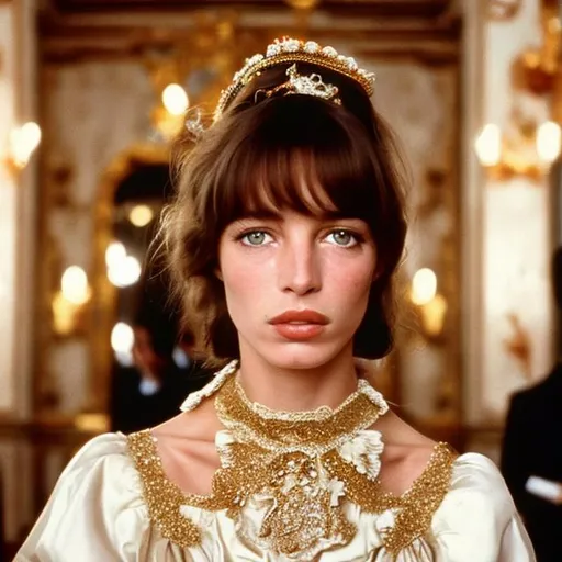 Prompt: Highest quality picture of a young Jane Birkin in a Wes Anderson Movie wearing Dolce & Gabbana haute couture 