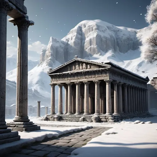 Prompt: a roman temple with black columns under the snow in the montain, roman empire era, 1st century, winter