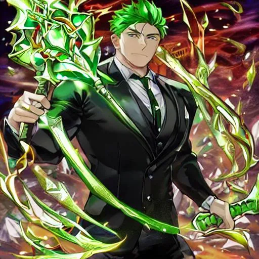 Prompt: a strong man in a suit holding an emerald spear and surrounded by fiery aura
