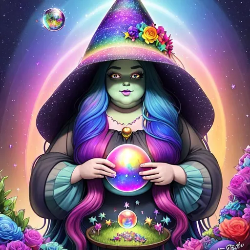 Prompt: plus size rainbow witch, long rainbow hair, large chest, holding crystal ball, wearing witch hat, cute, flowers, aesthetic, colorful, fairycore, disney, pixar, moon, stars, witchcraft, in a starry sky,  garden, galaxy,  sweet, dreamy, award winning illustration, artstation, highres, hyper realistic, large eyes,  tarot card style, celestial, sci-fi, fantasy, cottagecore, art nouveau, high fantasy, exciting