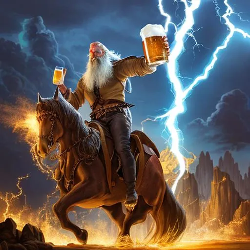Prompt: fantasy, wizard drinking beer, magical, lightning, holding an overflowing mug, riding a steed, old, beard