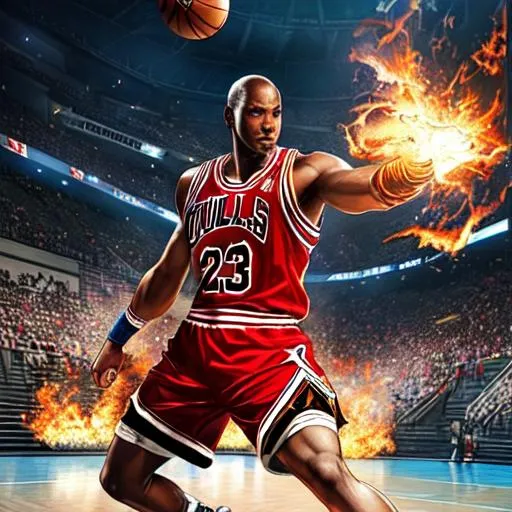Prompt: Poster art, high-quality high-detail highly-detailed breathtaking hero ((by Aleksi Briclot and Stanley Artgerm Lau)) - ((Michael Jordan)) , Super hero pose, carbon fibre armour, basket ball court background, Air Jordan shoes, full form, epic, 8k HD, fire, sharp focus, ultra realistic clarity. Detailed face, portrait, realistic, close to perfection 
