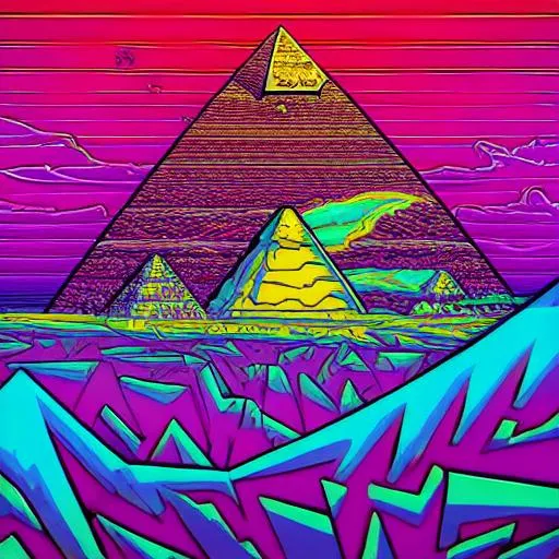 Prompt: Hypnotic illustration of the great pyramid of Giza  , hypnotic psychedelic art by Dan Mumford, pop surrealism, dark glow neon paint, mystical, Behance